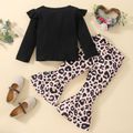 2-piece Toddler Girl Ruffled Letter Rainbow Print Long-sleeve Black Tee and Leopard Print Flared Pants Set Black