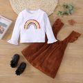 2-piece Toddler Girl Rainbow Print Ruffled Long-sleeve White Top and Ruffled Button Design Brown Overall Dress Set Brown