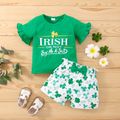 St. Patrick's Day 2-piece Toddler Girl Letter Print Ruffled Short-sleeve Green Tee and Bowknot Shamrock Lucky Clover Print Shorts Set Green