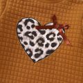 2pcs Toddler Girl Heart Embroidered Bowknot Design Stand Collar Sweatshirt and Leopard Print Skirt Set Brown