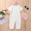 3pcs Baby Girl Cotton Ribbed Short-sleeve Letter Print Jumpsuit with Floral Hat and Headband Set Pink image 2