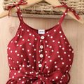 Toddler Girl Polka dots Bowknot Button Design Ruffled Belted Cami Rompers Red image 4