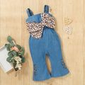 Denim Leopard Print Bow Decor Sleeveless Baby Overalls Blue image 1
