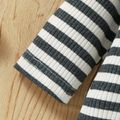Baby 3pcs Ribbed Stripe Print Long-sleeve Romper and Waffle Overalls Set Dark Grey image 5
