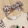 Christmas 2pcs Leopard Splicing Ruffle Ribbed Long-sleeve Baby Jumpsuit Set Khaki image 3