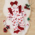 Baby 2pcs Red Christmas Deer Print and Leopard Ruffle Splicing Long-sleeve Jumpsuit Red/White