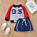 2pcs Baby Number Print Color Block Long-sleeve Baseball Jacket and Mini Skirt Set Grey image 1