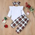 Christmas 3pcs Baby Reindeer and Letter Print Ruffle Long-sleeve Romper with Plaid Trousers Set White