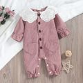 Doll Collar Pink Corduroy Long-sleeve Baby Jumpsuit Pink image 1