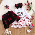 Christmas 3pcs Baby Letter and Reindeer Print Long-sleeve Dress and Fleece Plaid Outwear Set Red