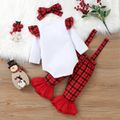 Christmas 3pcs Baby Reindeer and Letter Print Cotton Long-sleeve Romper and Red Plaid Bell Bottom Overalls Set White