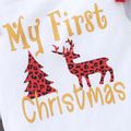 Christmas 3pcs Baby Reindeer and Letter Print Cotton Long-sleeve Romper and Red Plaid Bell Bottom Overalls Set White