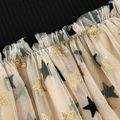 2pcs Baby Black Cotton Ribbed Long-sleeve Splicing Star Print Mesh Dress Set Black