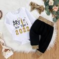 New Year 3pcs Baby Girl Letter and Number Print Long-sleeve Romper with Trousers Set White
