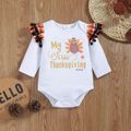 Thanksgiving Day 3pcs Baby Turkey and Letter Print Ruffle Pom Poms Long-sleeve Romper with Plaid Suspender Skirt Set White