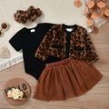 4pcs Baby Thickened Fleece Long-sleeve Leopard Outwear and Mesh Tutu Skirt with Romper Set Brown image 1
