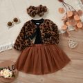 4pcs Baby Thickened Fleece Long-sleeve Leopard Outwear and Mesh Tutu Skirt with Romper Set Brown