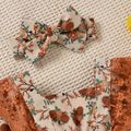 2pcs Baby Girl All Over Floral Print Lace Splicing Long-sleeve Bowknot Corduroy Romper Set Apricot image 2