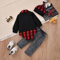 3-piece Baby Boy/Girl Letter Print Plaid Long-sleeve Romper, Ripped Denim Jeans and Cap Set Black
