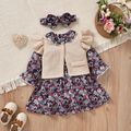 3pcs Baby Girl All Over Floral Print Ruffle Long-sleeve Dress and Solid Knitted Top Set Burgundy