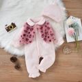 2pcs Baby Girl Pink Doll Collar Long-sleeve Splicing Leopard Flannel Faux-two Jumpsuit Set Pink