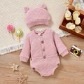 2pcs Baby Boy/Girl Solid Knitted Button Long-sleeve Romper with 3D Ears Hat Set Light Pink