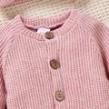 2pcs Baby Boy/Girl Solid Knitted Button Long-sleeve Romper with 3D Ears Hat Set Light Pink