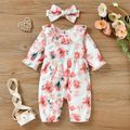 3pcs Baby Girl Floral Print Ribbed Ruffle Collar Long-sleeve Jumpsuit and Wool Blend Vest Set Mint Green