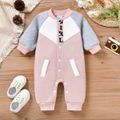 Baby Boy/Girl Fleece Lined Letter Print Colorblock Long Raglan Sleeve Jumpsuit Pink