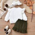 3pcs Baby Girl Letter Print Fleece Lined Ruffle Long-sleeve Sweatshirt and Corduroy Skirt Set Beige