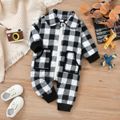 Baby Boy/Girl White and Black Plaid Lapel Long-sleeve Zip Thickened Jumpsuit White