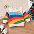 2pcs Baby Boy/Girl 100% Cotton Denim Ripped Jeans and Rainbow Print Long-sleeve Sweatshirt Set Beige