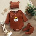 3pcs Baby Boy/Girl Cartoon Animal Embroidered Velvet Long-sleeve Romper with Hat and Socks Set Brown