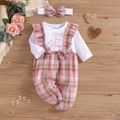 2pcs Baby Girl Letter Embroidered Ribbed Long-sleeve Faux-two Pink Plaid Ruffle Jumpsuit with Headband Set Pink