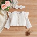 3pcs Baby Girl Cable Knit Long-sleeve Cardigan with 100% Cotton Plaid Spaghetti Strap Dress and Headband Set Yellow