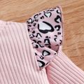 2pcs Baby Girl Letter Print Pink Ribbed Long-sleeve Splicing Leopard Ruffle Jumpsuit with Headband Set Pink