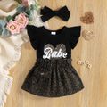 3pcs Baby Girl Letter Print Black Ruffle-sleeve Romper and Leopard Skirt with Headband Set Black