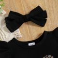 3pcs Baby Girl Letter Print Black Ruffle-sleeve Romper and Leopard Skirt with Headband Set Black