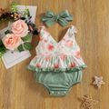 2pcs Baby Girl 95% Cotton Sleeveless V Neck Floral Print Ruffle Splicing Romper with Headband Set Green image 1
