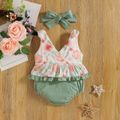 2pcs Baby Girl 95% Cotton Sleeveless V Neck Floral Print Ruffle Splicing Romper with Headband Set Green image 3