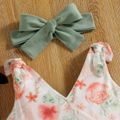 2pcs Baby Girl 95% Cotton Sleeveless V Neck Floral Print Ruffle Splicing Romper with Headband Set Green image 4