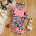 2pcs Baby Girl Floral Print Leopard Long-sleeve Faux-two Splicing Pink Lace Ruffle Bell Bottom Jumpsuit with Headband Set Pink