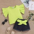 100% Cotton 2pcs Baby Girl Solid Ruffle-sleeve T-shirt and Belted Denim Shorts Set Pale Green
