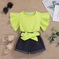100% Cotton 2pcs Baby Girl Solid Ruffle-sleeve T-shirt and Belted Denim Shorts Set Pale Green
