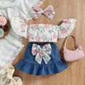 3pcs Baby Girl 100% Cotton Denim Bowknot Ruffle Skirt and Floral Mesh Off Shoulder Short-sleeve Crop Top with Headband Set Light Pink