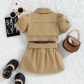 100% Cotton 2pcs Baby Girl Button Design Khaki Denim Puff-sleeve Crop Top and Belted Skirt Set Khaki