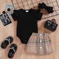 100% Cotton 3pcs Baby Ribbed Ruffle Short-sleeve Romper and Plaid Skirt with Headband Set Black