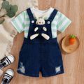 2pcs Baby Girl 3D Stuffed Animal Design Ripped Denim Overalls Shorts and Striped Short-sleeve Tee Set Blue