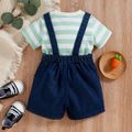 2pcs Baby Girl 3D Stuffed Animal Design Ripped Denim Overalls Shorts and Striped Short-sleeve Tee Set Blue