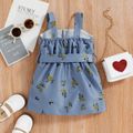 Baby Girl Floral Print Imitation Denim Sleeveless Button Up Belted Dress Yellow